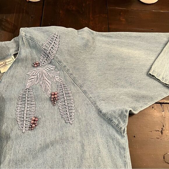 Vintage Denim Oversized Appliquéd Beaded Jacket size Large - Picture 9 of 12